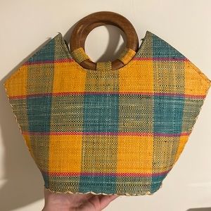 Straw Tote Clutch | Circular Wooden Handle